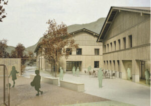 Fünf Gebäude, Sportplatz und Zaun